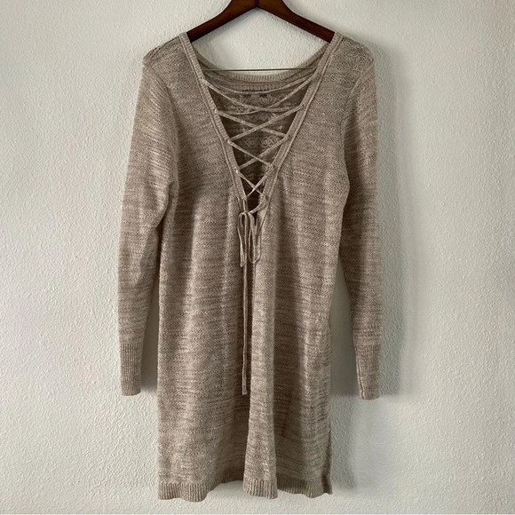 Lace Up Back Pull Over Knit Sweater Beige Lightweight Size XL Cotton Blend - Picture 7 of 12